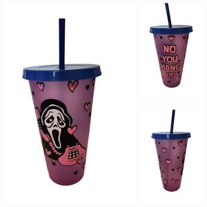 Scream Ghost Face Themed Pink Tumbler with Straw Plastic Cup
